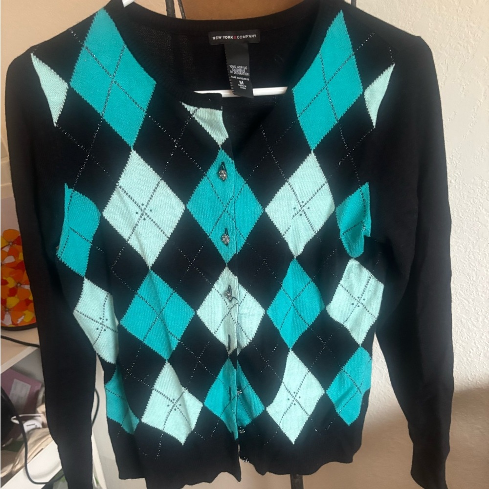 New York & Company Black and Teal Argyle Cardigan